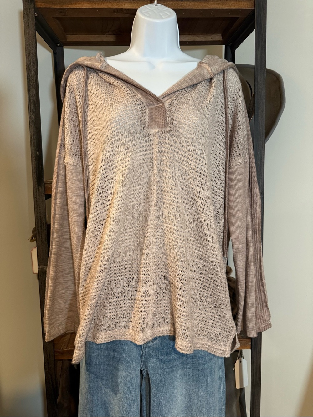 POL Light Taupe Open-Knit Hooded Pullover